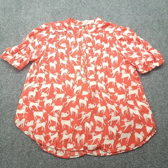 Anthropologie Emily Isabella Poodle Print Blouse Red White Short Sleeve M