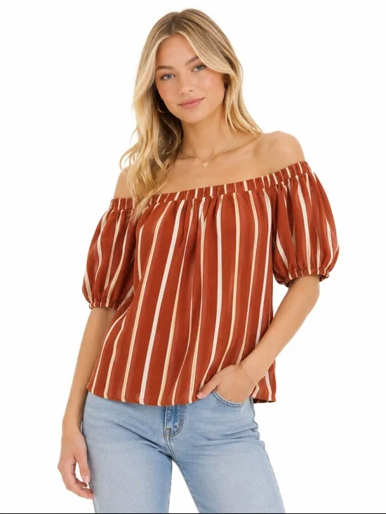 Anthropologie ELODIE Rust and White Striped Off-Shoulder Puff Sleeve Top. S