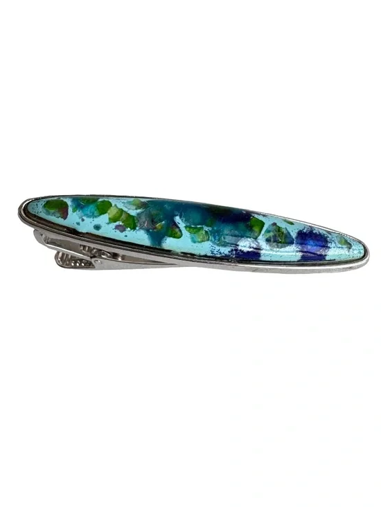 Vintage Japanese Cloisonne Tie Clip Blue Green Abstract Enamel Silver Tone Bar