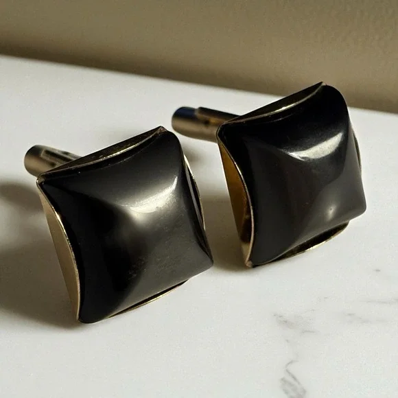 Dark Gray Square Cufflinks Men's Gold Tone Vintage Lucite Acrylic Formal Classic