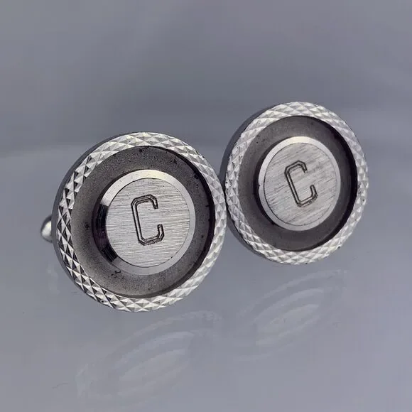 Modern C Initial Silver Tone Cufflinks Block Font Etched Edge Round Vintage