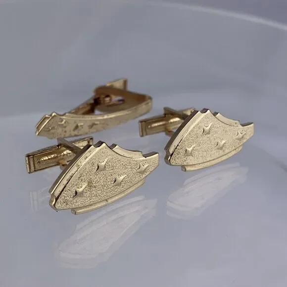 Atomic Star Gold Tone Cufflinks Tie Clip Bar Mid Century Modern Shape Vintage