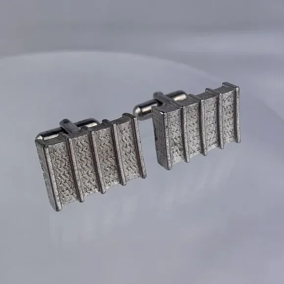 Modern Style Rectangle Silver Tone Cufflinks Textured Stripes Formal Vintage