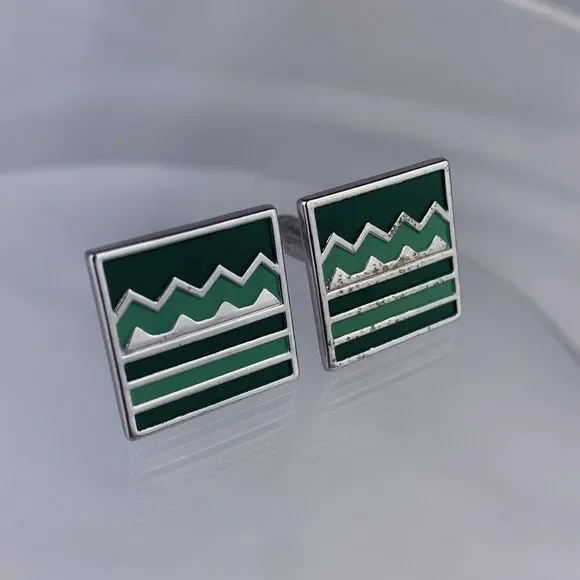 Green Abstract Landscape Silver Tone Cufflinks Mountains Zigzag Lines Vintage