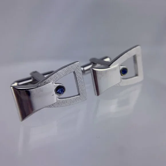 Modern Blue Rhinestone Interlocking Cufflinks White Gold Plated Mid Century VTG