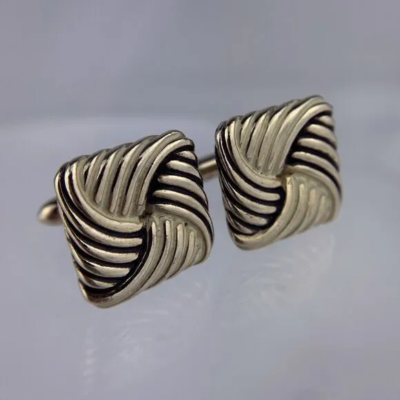 Square Swirl Interlocking Cufflinks Gold Tone Black White Swank Vintage