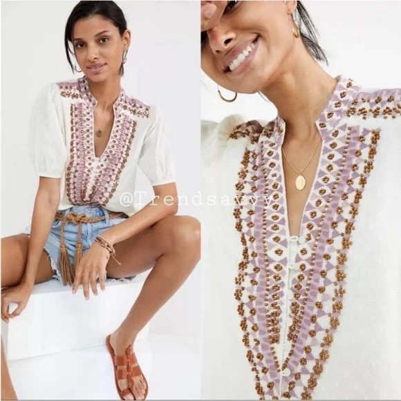 Anthropologie Ivory Embroidered Beaded Peasant Blouse Petite 10 Boho Puff Sleeve