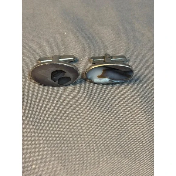 Vintage Mid Century Modern Grey Agate Silver Tone Oval Toggle Back Cufflinks Set