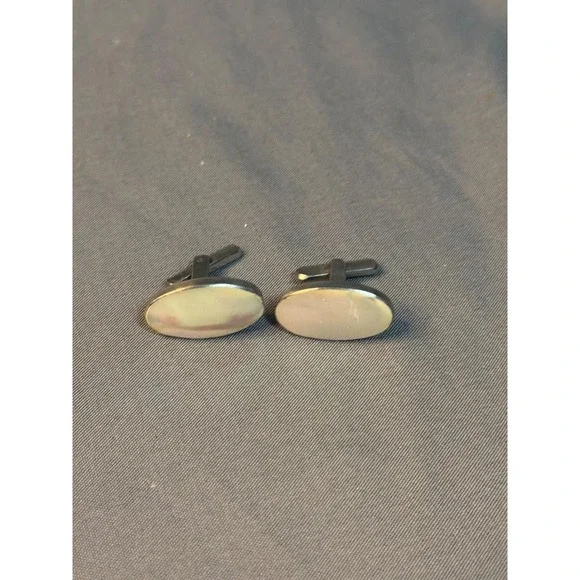 Vintage Silver Tone Oval Mother of Pearl Inlay Cufflinks Mens Jewelry
