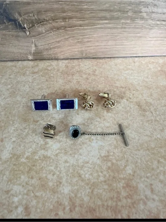 Vintage Cufflinks & Tie Tack Lot Blue Enamel Gold Knot Silver Men’s 6 Pc