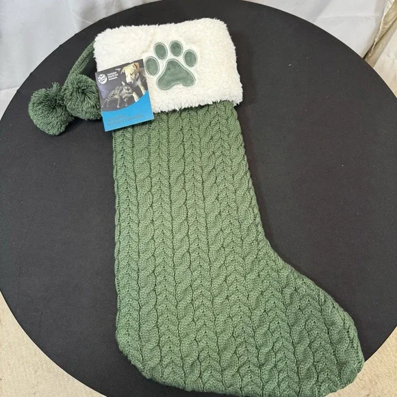 The Humane Society Green & White Paw Print Cable Knit Christmas Stocking 18