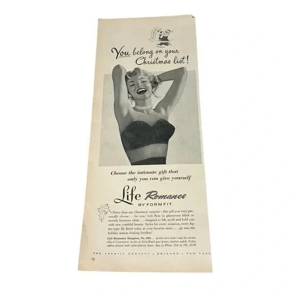 1954 Life Romance by Formfit Strapless Bra Original Vintage Print Ad