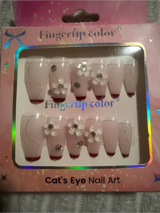 Pink Floral Cat's Eye Press-On Nails