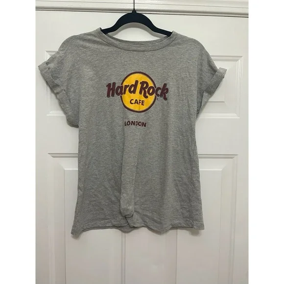 Womens size S Gray Hard Rock Cafe London Knotted T-shirt Casual 90s Retro
