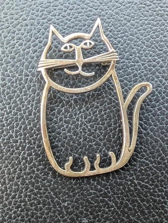 VTG Navajo Belinda Woody Sterling Silver Cat Brooch 925 Gold Accents