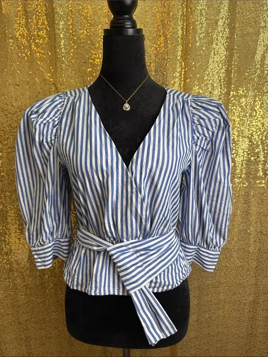 Zara Striped Wrap Blouse with Tie Waist - Blue & White 100% cotton