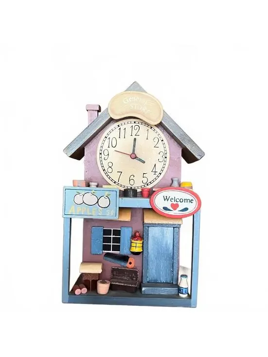 Wooden General Store Wall Clock with Decorative Details - Working