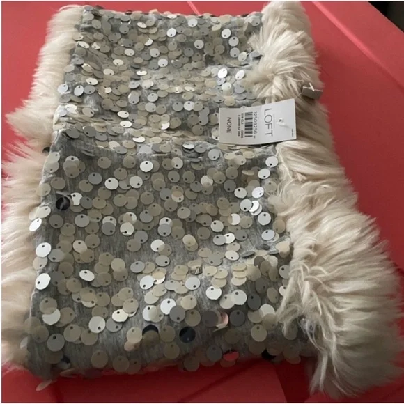 LOFT NWT Infinity Silver Sequin Scarf with Faux Fur