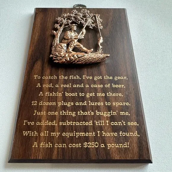 VTG 3D‎ Sculpture Metal Fisherman Wooden Wall Plaque Canada Made (8.5x5.5 in)