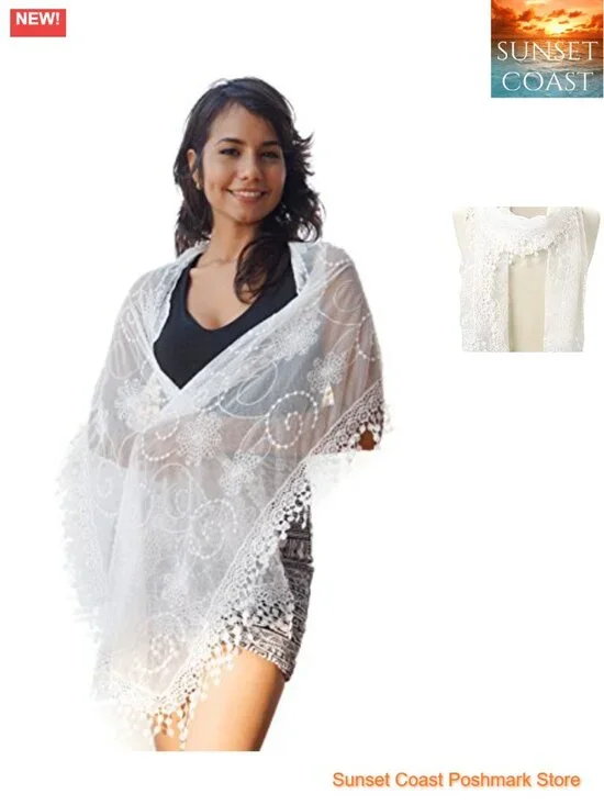Lightweight Lace Teardrop Fringe Mesh Crochet Tassel Scarf Wrap Shawl