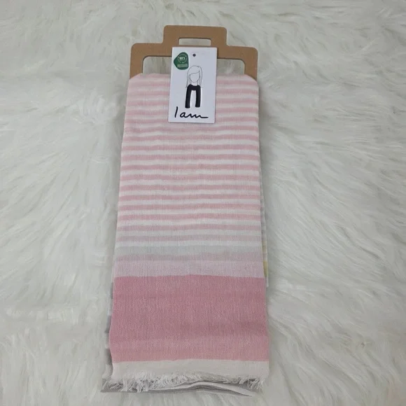 Pink, Gray and White Striped Scarf with frayed Hem