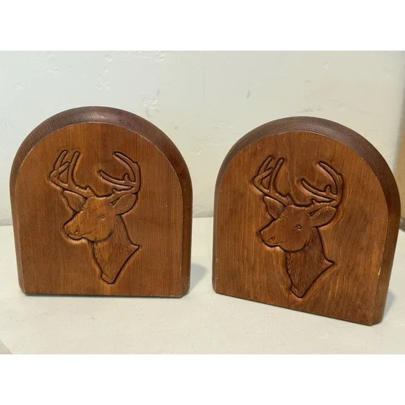 Vintage Pair of Bookends Engraved Wood Deer Stag Head Bookends‎ Rustic Decor