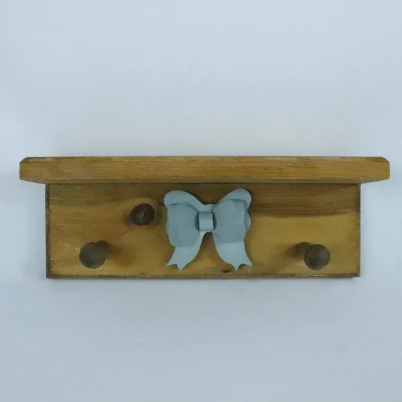 Wooden Cottagecore Shelf with Blue Bow 2 Pegs Country Farmhouse Decor
