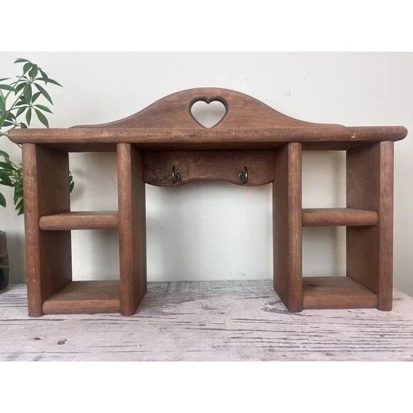 Vintage Wood Heart Cutout Trinket Shelf Shadowbox Cottage Farmhouse Key Holder