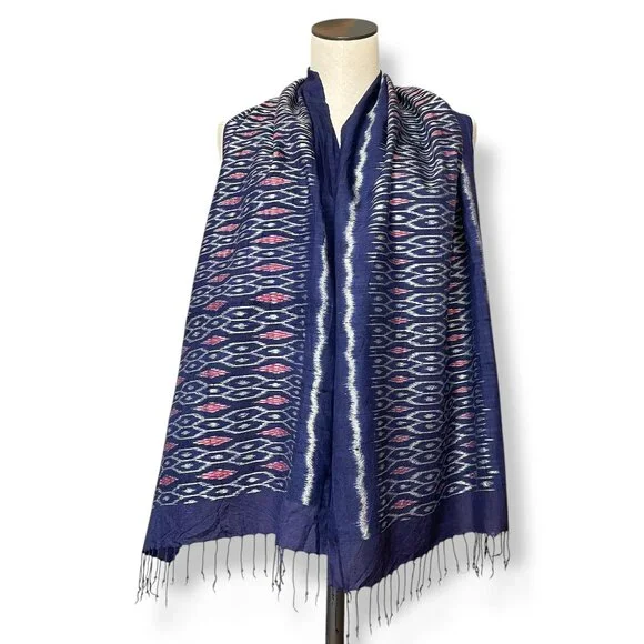 Ikat Scarf Fringe Rectangular Long Blue‎ White Pink Casual Women Boho