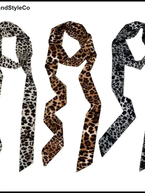 3 Pack Leopard Fashion Scarf Long Skinny Satin Headband Neck Scarf for Women