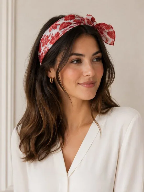 Red & White Vintage Head Wrap Head Neck Scarf 34