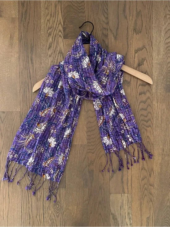 Anthropologie Floral Block Print Gauze Oblong Fringe Scarf Purple Multicolor 72