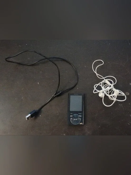 Sony Black Portable MP3 Player with White Earbuds and USB Cable