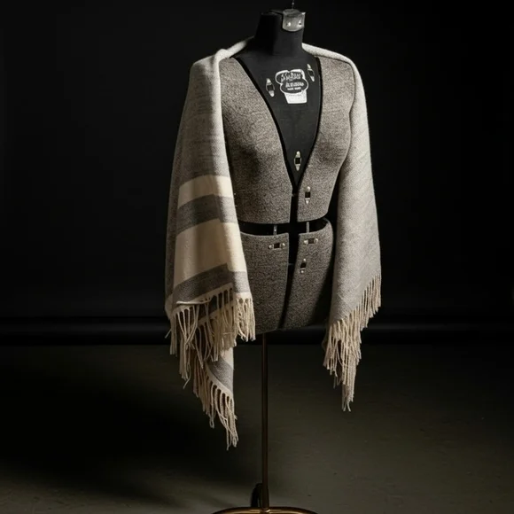 A.N.D. Gray and Cream Four-way Fringed Shawl /Gilet /Wrap /Scarf