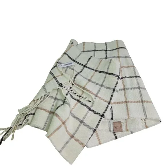 Calvin Klein Cream Plaid Neutral Fringe Scarf