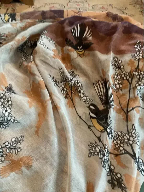 Elegant Floral Print  Poly Linen Scarf by Parrs New Zealand Birds and Flowers