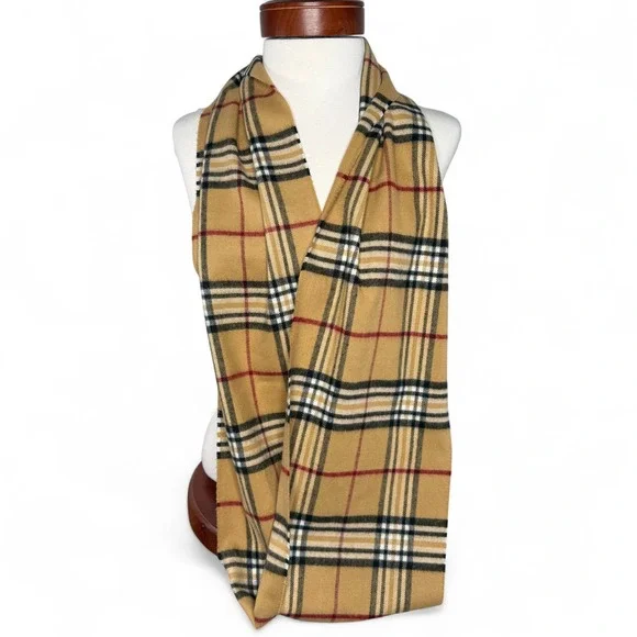 Cashmink Beige Tan Plaid‎ Infinity Scarf Camel Checkered Classic Cozy Preppy