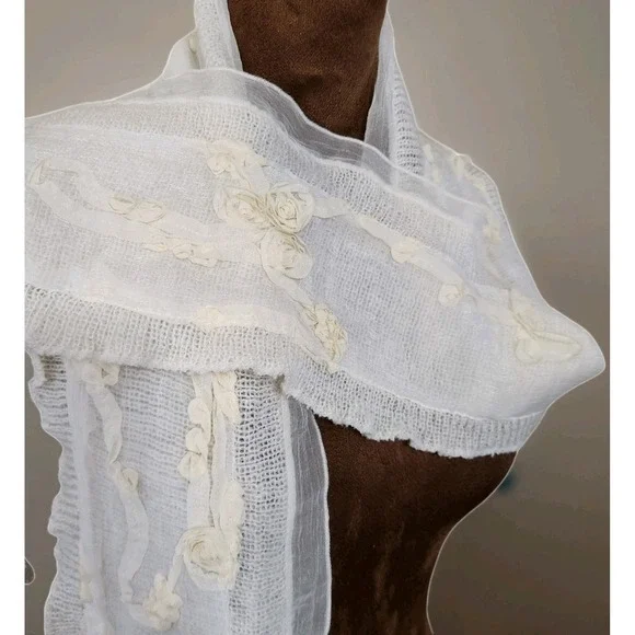 Coldwater Creek Long Scarf Knit Chiffron‎ Bohemian Romantic Whimsy Ivory Neutral