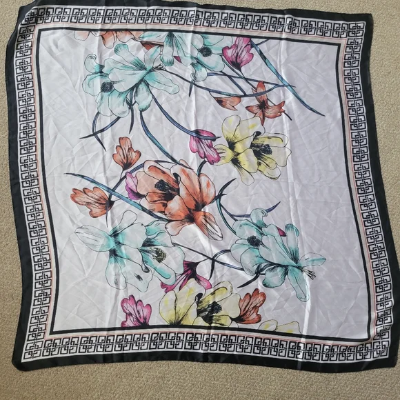 Chico's Floral Scarf / Wrap ~ Blue Yellow ~ Black Border ~ NWT ~ Pretty!
