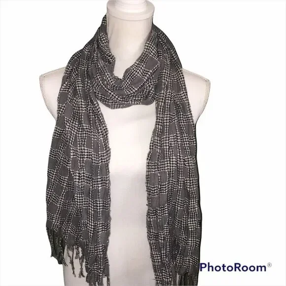 Black White Gingham Checked Fringed Scarf Classic Light