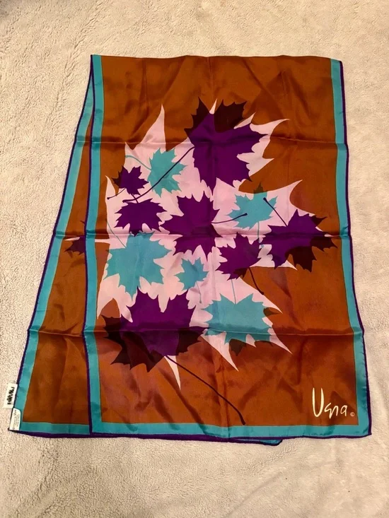 Vera Neumann Oblong Scarf 44x15 Brown Teal Purple Leaves Japan Vintage‎