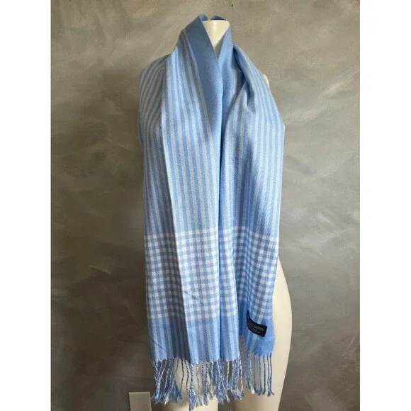 Cashmere Scarf Light Blue & White Checkered Stripe Krama 70' Including Fringe