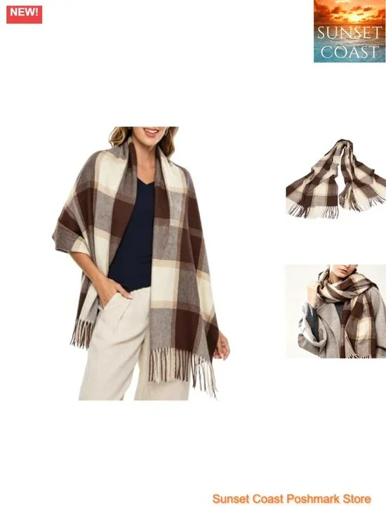 Chunky Plaid Blanket Scarf Shawl Wrap with Fringe - Soft Polyester Winter Scarf