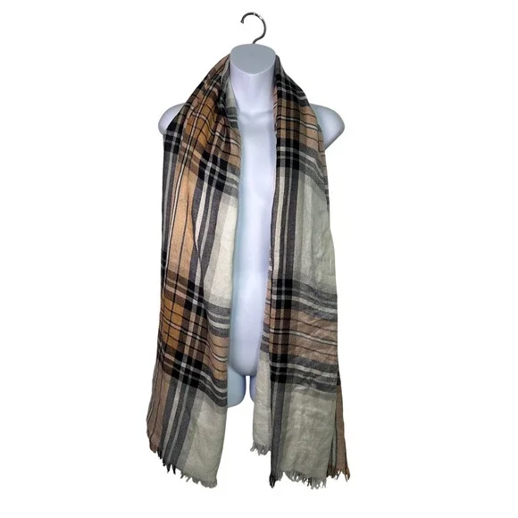 American Eagle‎ Outfitters Plaid Scarf Peach Black White Tan Fringe One Size