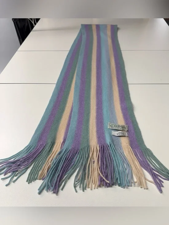 Mc Kennas 100% Pure New Wool Knitted Fringe Hem Scarf Women Pastel Striped 8x76