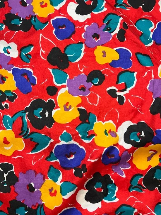 Vintage Bright Red Multicolor Floral Print Square Scarf