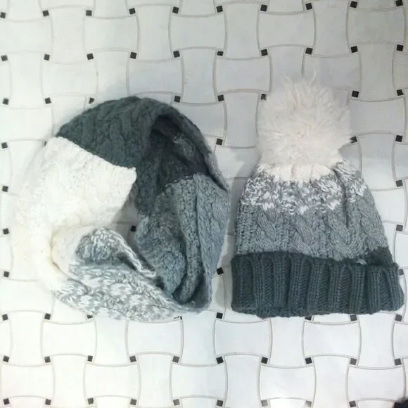 SO 2-pack Woven Ombre Infinity Scarf Hat Matching Set Gray White