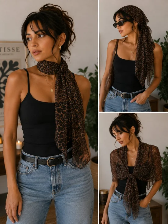 Leopard Print Sheer Scarf Wrap - Brown Mob Wife