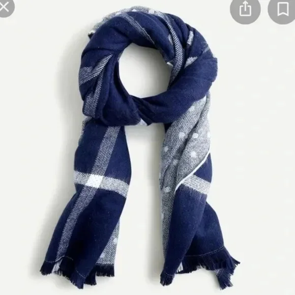 New! J.Crew Reversible Navy Blue White Blanket Scarf Plaid Polka Dots NWT