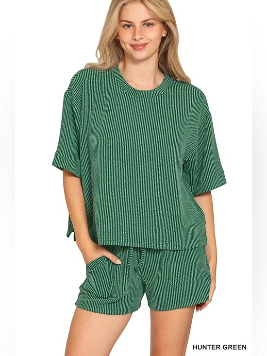 Zenana RAISED RIB SHORT SLEEVE TEE & SHORT PANTS SET